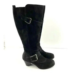 Paul Green Black Suede Leather Women's Boots 5 Kimberly Knee High Buckle Zipper